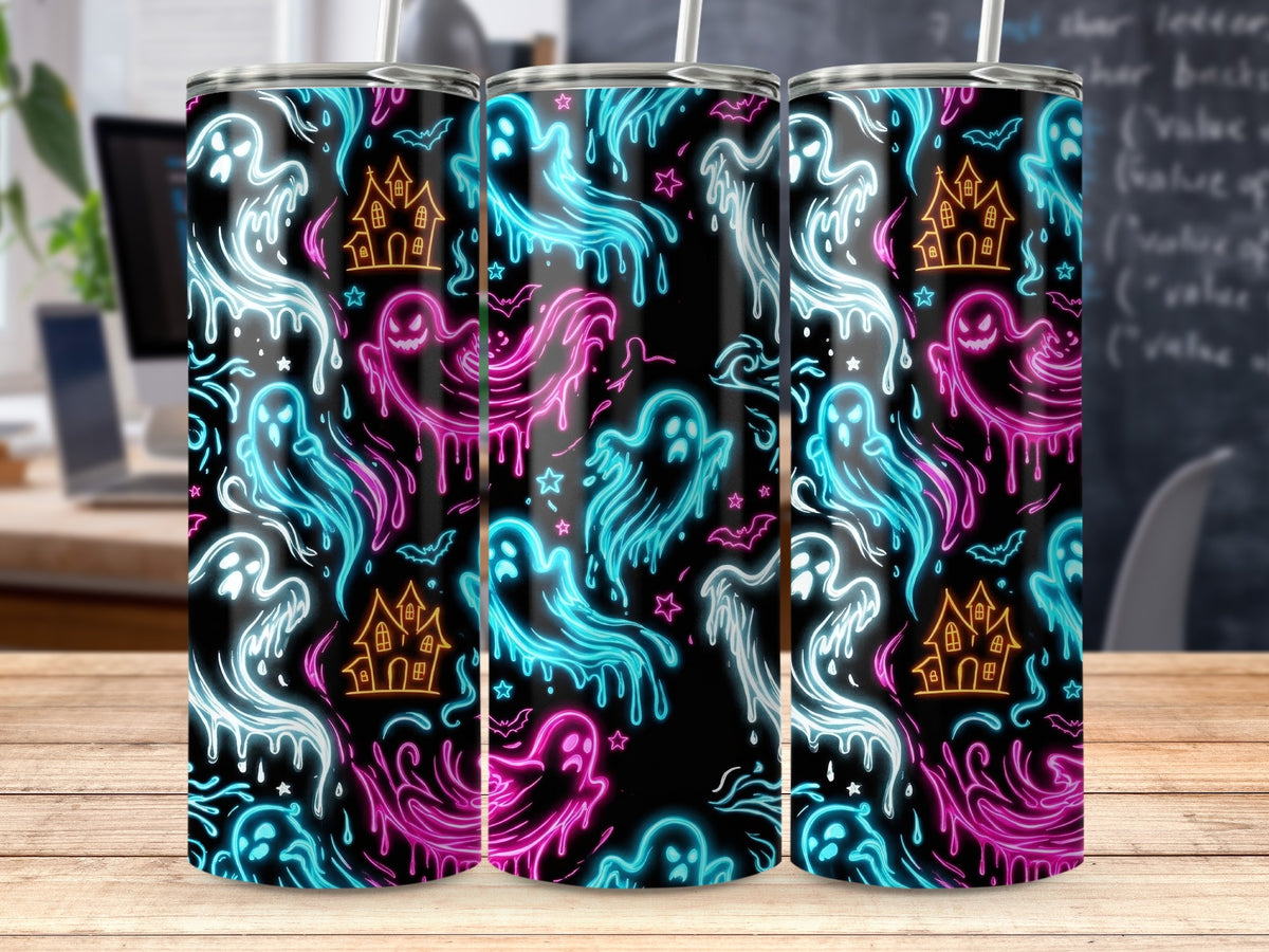 Neon ghosts and haunted houses pattern on black tumblers.