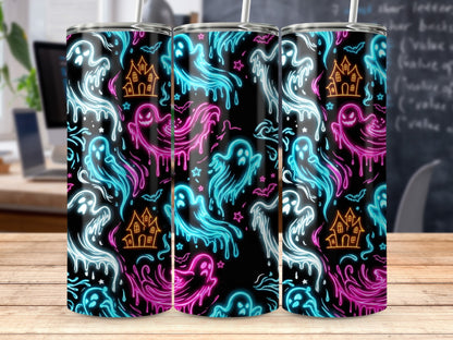 Neon ghosts and haunted houses pattern on black tumblers.