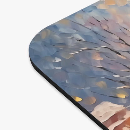 Abstract winter scene with painted trees, snow, and soft bokeh lights.