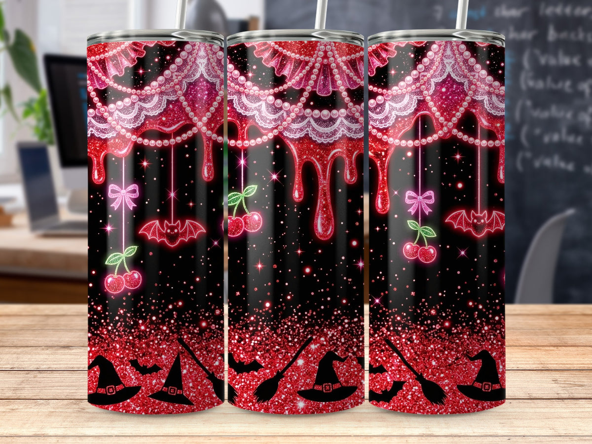 Black glitter tumbler with pink dripping lace, cherries, bats, witch hats, and brooms.