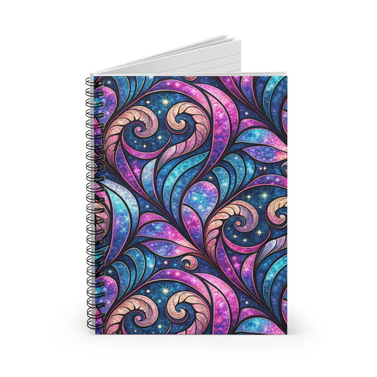 Spiral-bound notebook with a vibrant purple, blue, and pink swirling pattern.