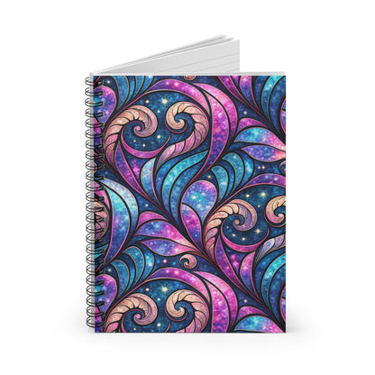 Spiral-bound notebook with a vibrant purple, blue, and pink swirling pattern.