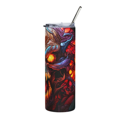 Tumbler with a stained glass style demon skull illustration and metal straw.