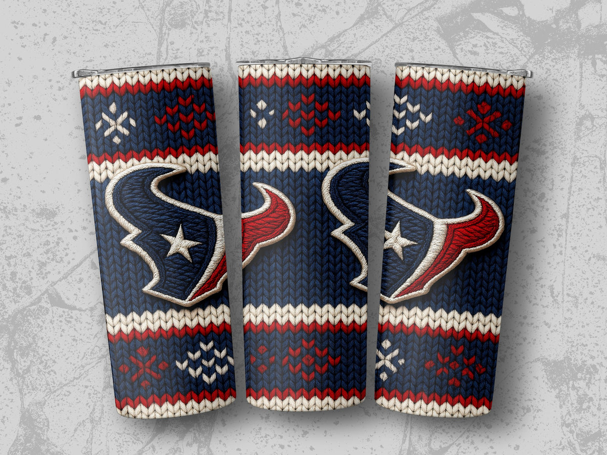 Three tumblers featuring the Houston Texans logo on a navy, red, and white knitted pattern.