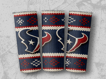 Three tumblers featuring the Houston Texans logo on a navy, red, and white knitted pattern.