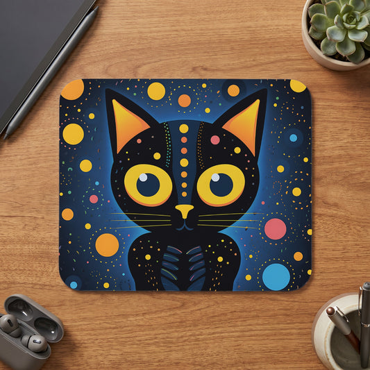 Black cat with large yellow eyes on a dark blue background with colorful dots.