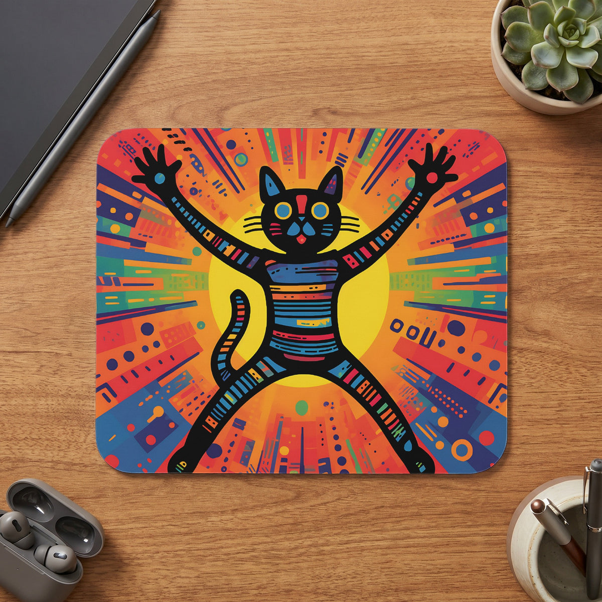 A colorful rectangular mouse pad featuring a whimsical, abstract black cat stretching against a vibrant sunburst background.