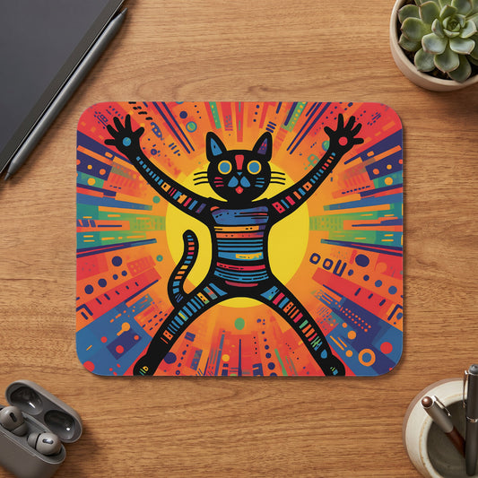 A colorful rectangular mouse pad featuring a whimsical, abstract black cat stretching against a vibrant sunburst background.