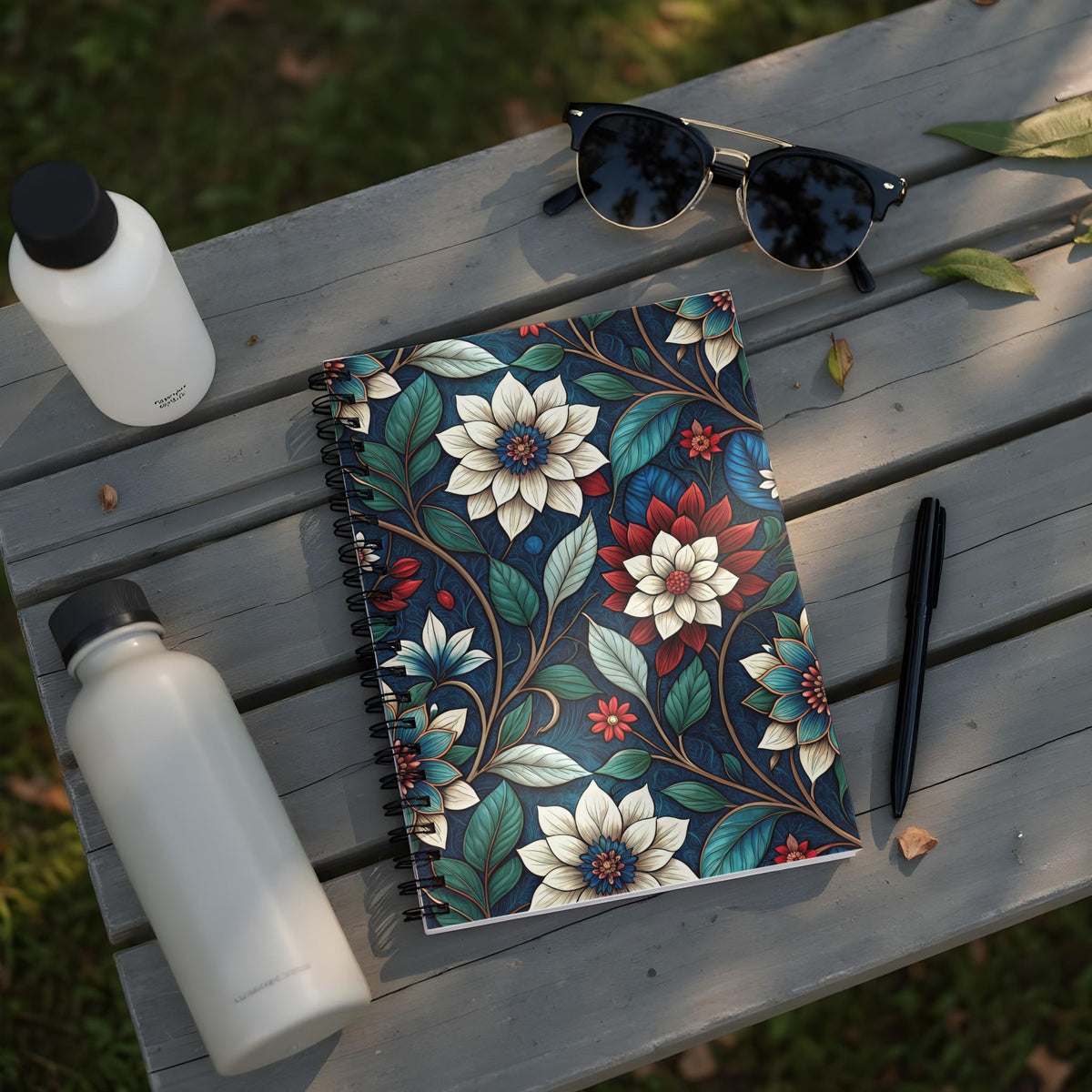 Spiral notebook with dark blue floral pattern on a wooden surface with two water bottles and sunglasses.