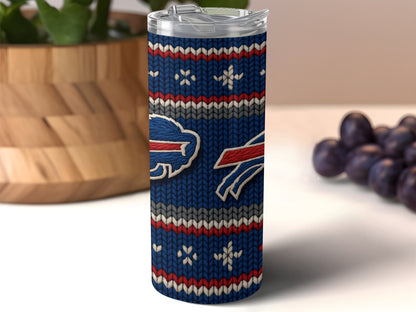 Buffalo Bills tumbler with a blue knit pattern and team logos.