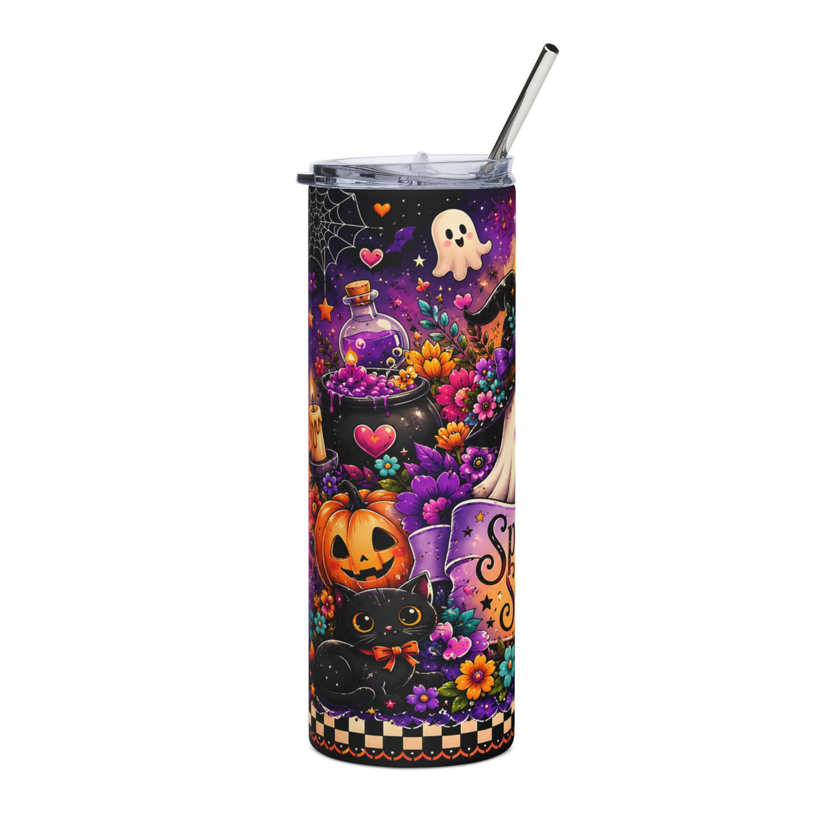 Tall insulated tumbler featuring a colorful Halloween design with a black cat, pumpkin, ghost, and flowers.