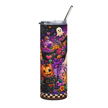 Tall insulated tumbler featuring a colorful Halloween design with a black cat, pumpkin, ghost, and flowers.