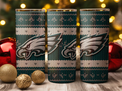 Three tumblers with Philadelphia Eagles logo and knitted pattern.