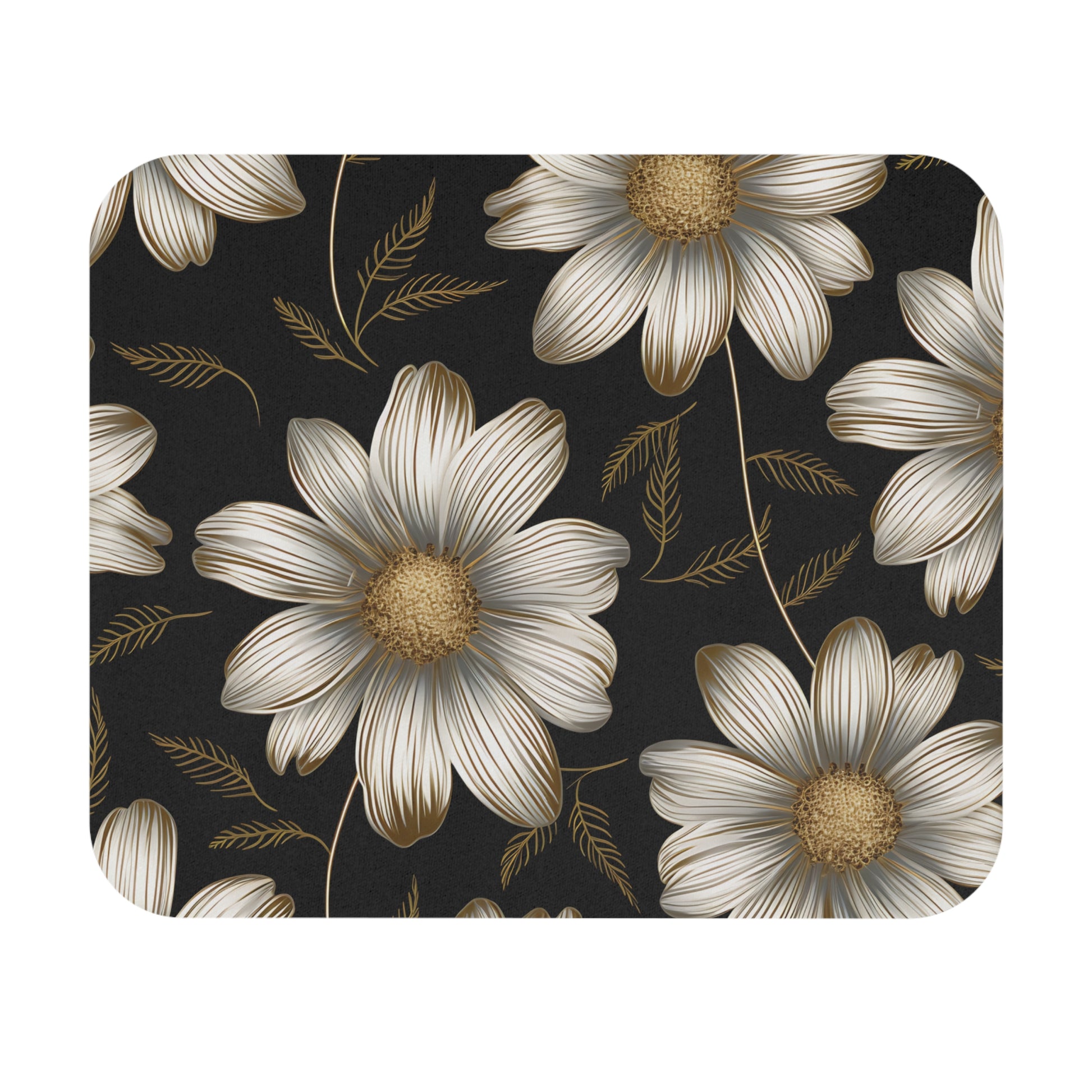 White and gold daisy floral pattern on textured dark gray background.