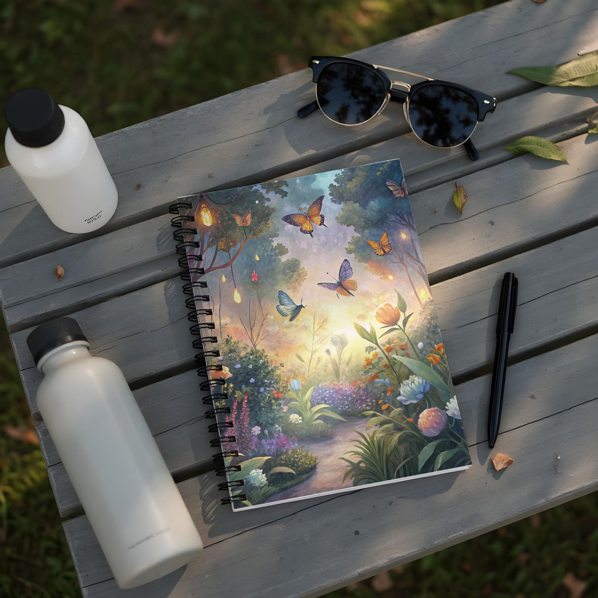 Spiral notebook with a whimsical garden and butterfly illustration, resting on a wooden surface.