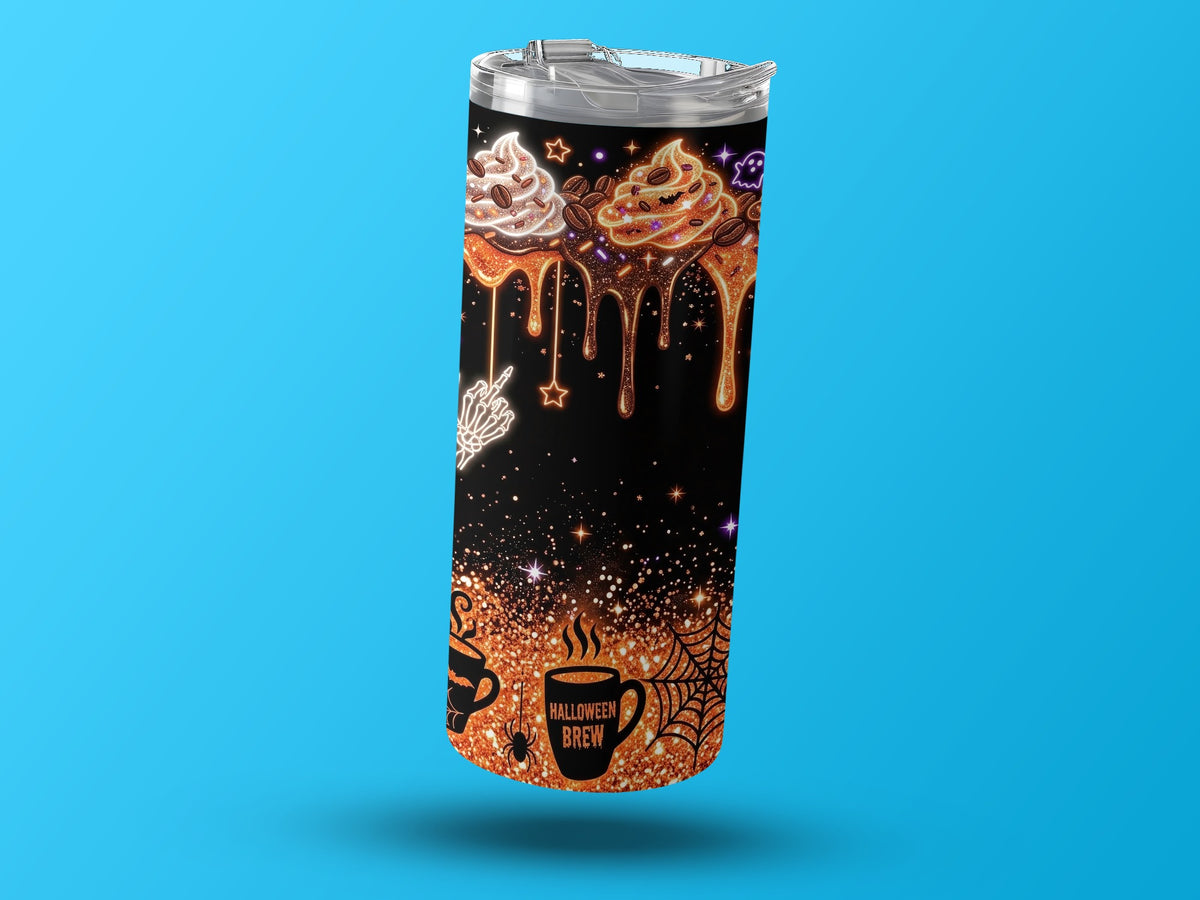 Black tumbler with Halloween-themed dripping whipped cream, ghosts, and spiderwebs.