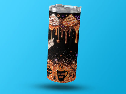 Black tumbler with Halloween-themed dripping whipped cream, ghosts, and spiderwebs.