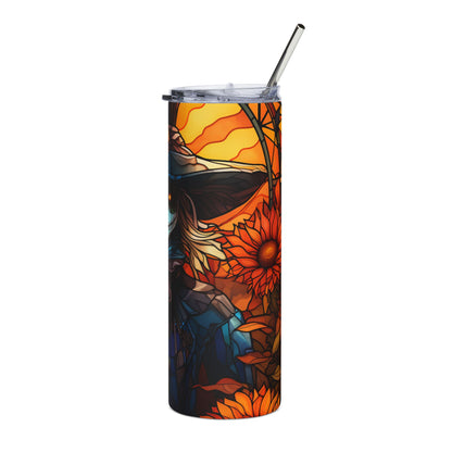 Tumbler with a stained-glass style design of a figure in a hat with sunflowers.