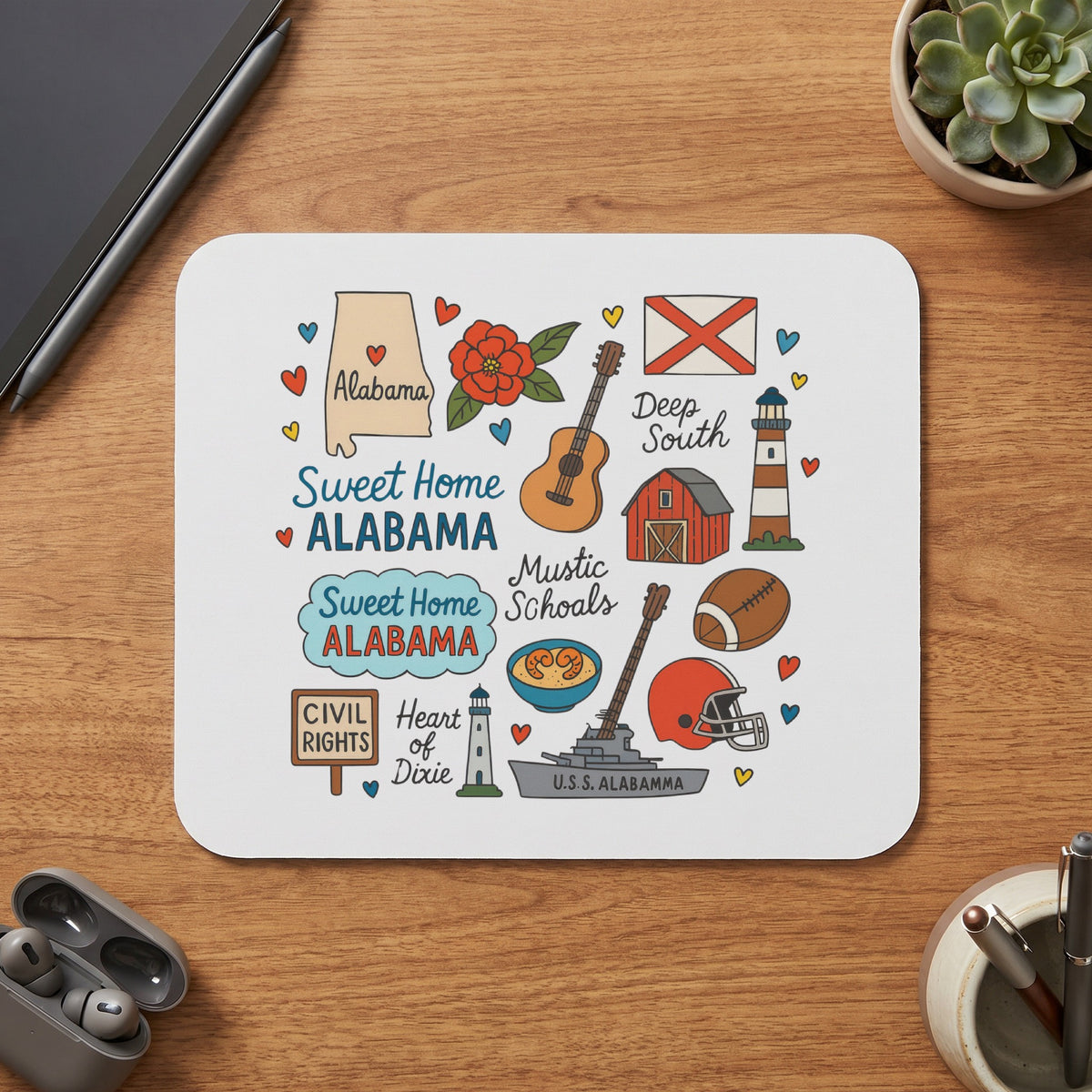 Alabama state map, icons, and text including "Sweet Home Alabama" and "Deep South."