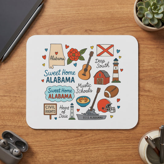 Alabama state map, icons, and text including "Sweet Home Alabama" and "Deep South."