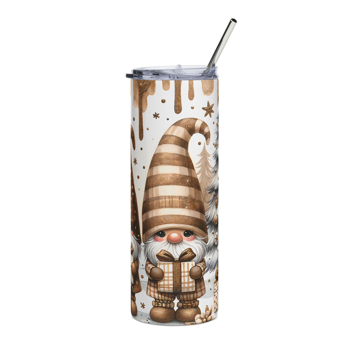 Tumbler with a Christmas gnome, gift, and festive trees design, featuring a metal straw.