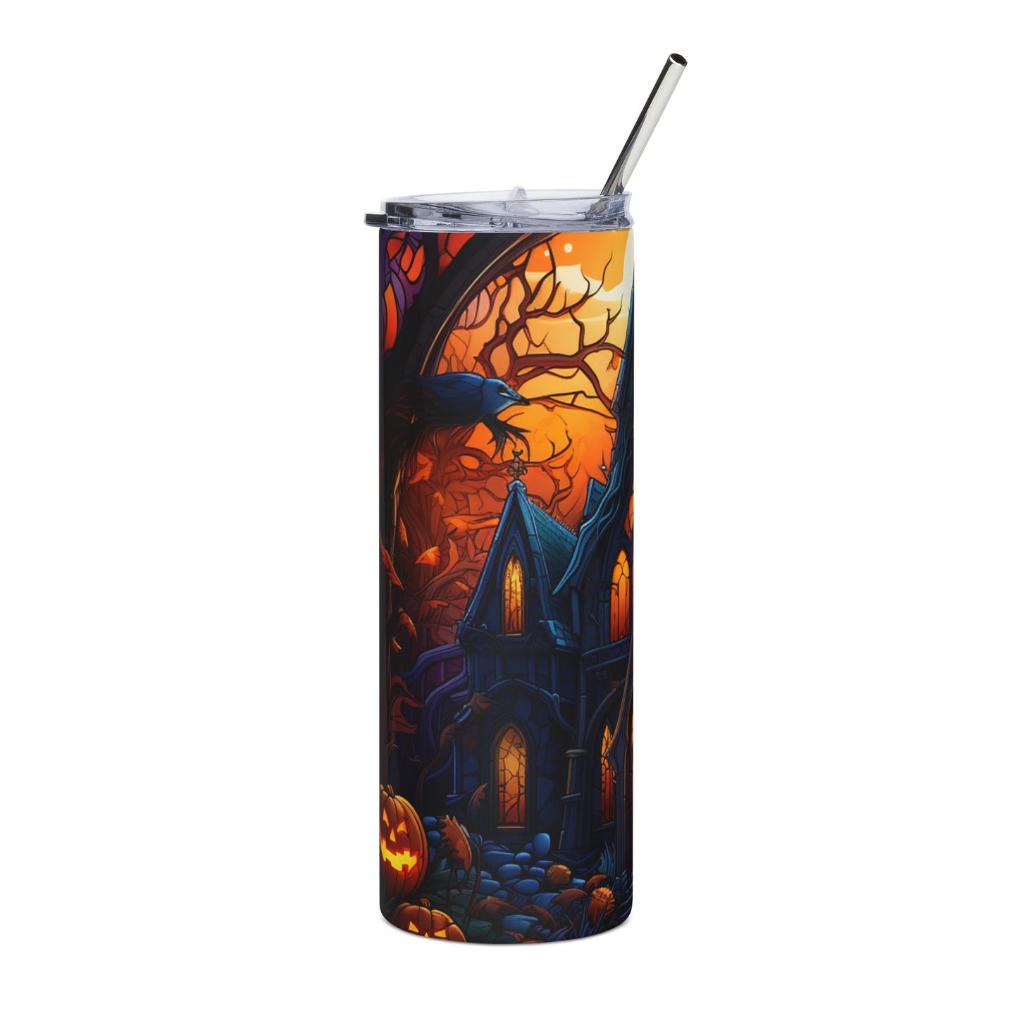 Tumbler with Halloween scene: spooky house, pumpkins, and crow under an orange sky.