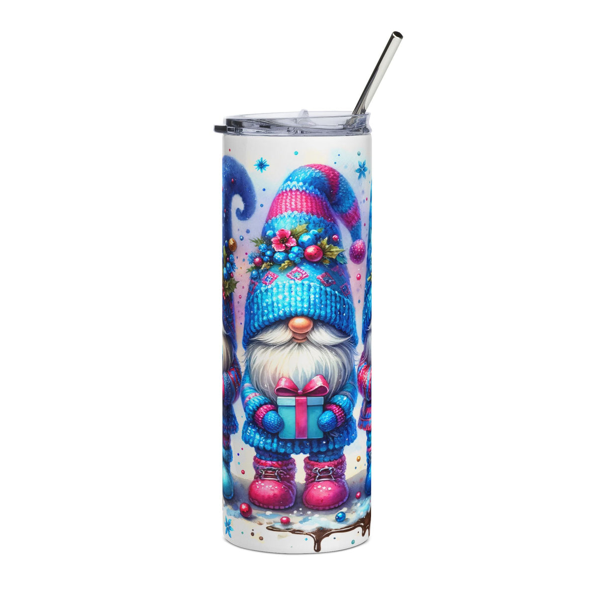 Tumbler with a festive gnome design, holding a gift, and a metal straw.