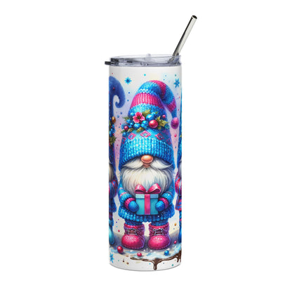 Tumbler with a festive gnome design, holding a gift, and a metal straw.
