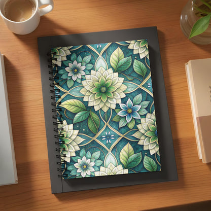 Spiral-bound notebook with a green and gold floral mandala pattern.