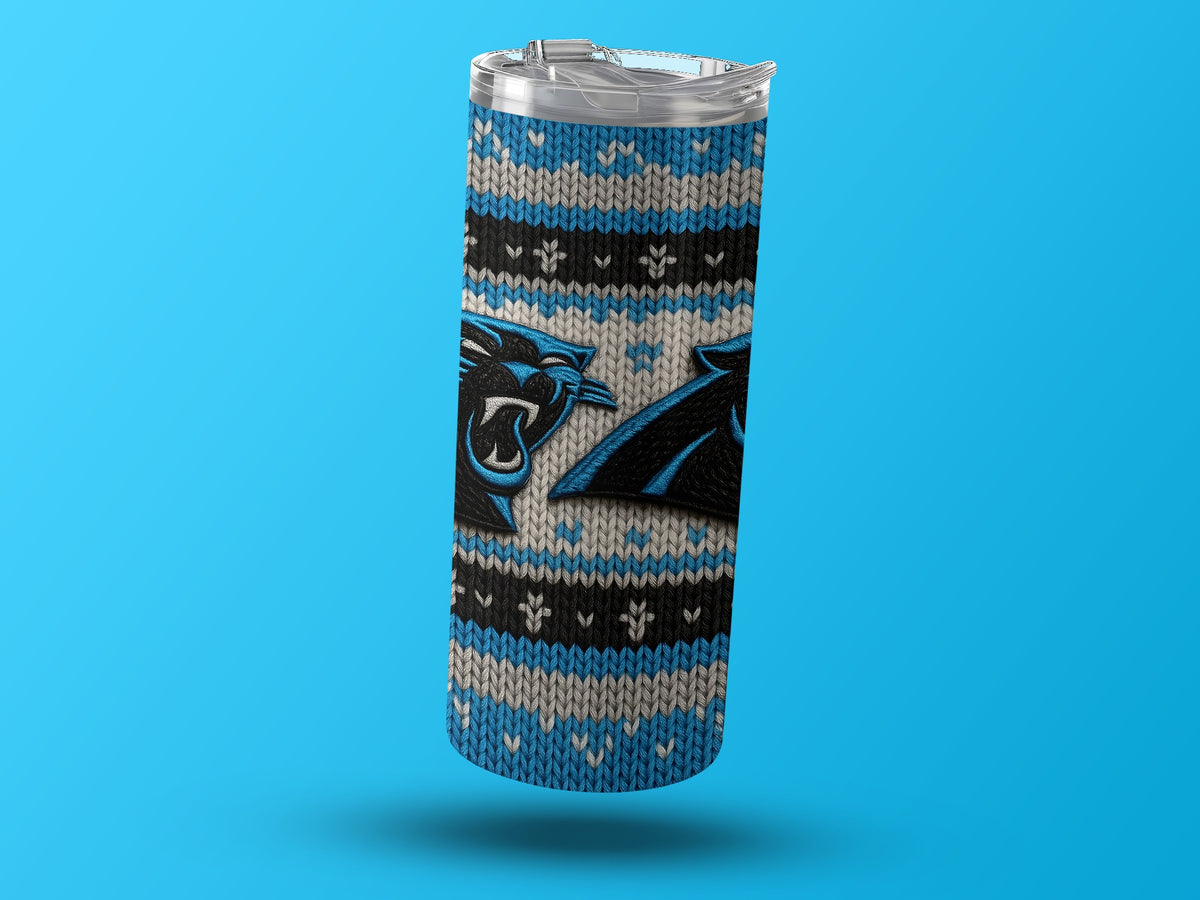 Carolina Panthers tumbler with knitted pattern and team logo.