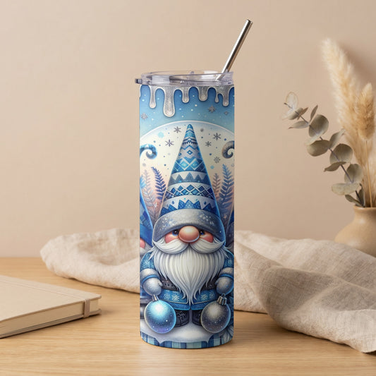 Blue and white gnome tumbler with snowflakes and Christmas ornaments.