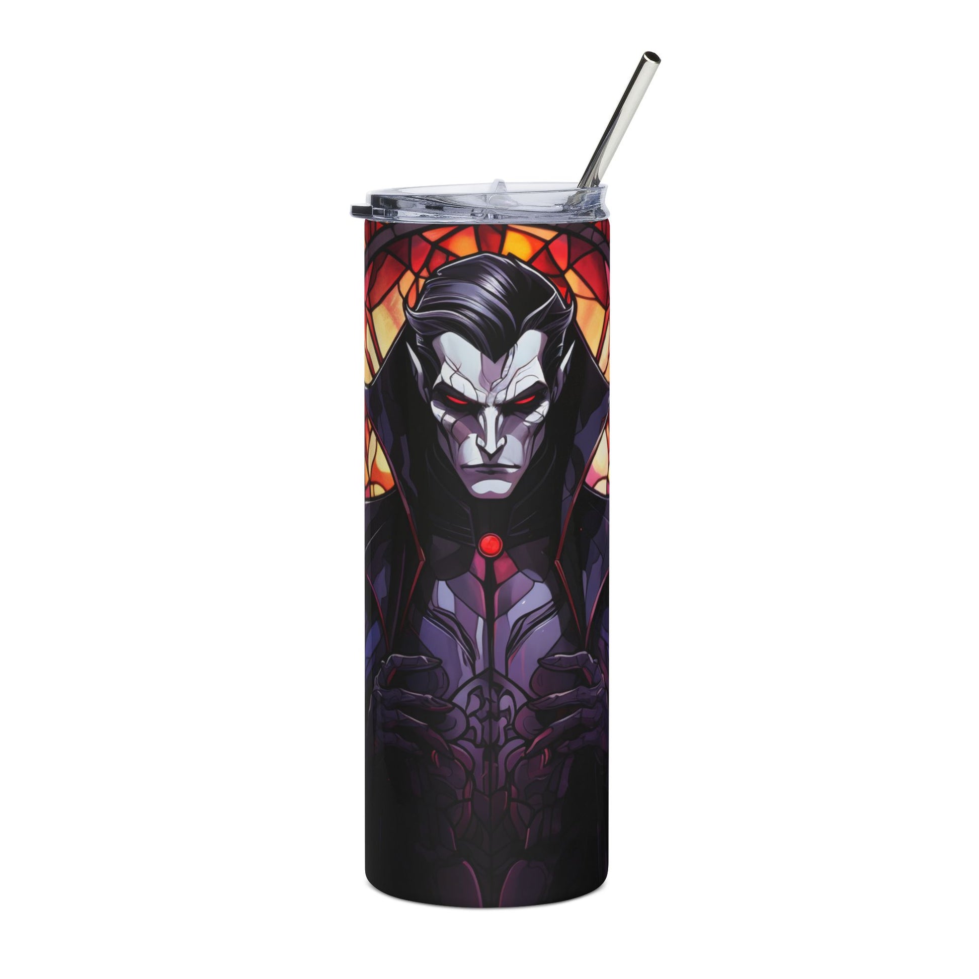 Tumbler with vampire artwork and stained glass background, includes metal straw.