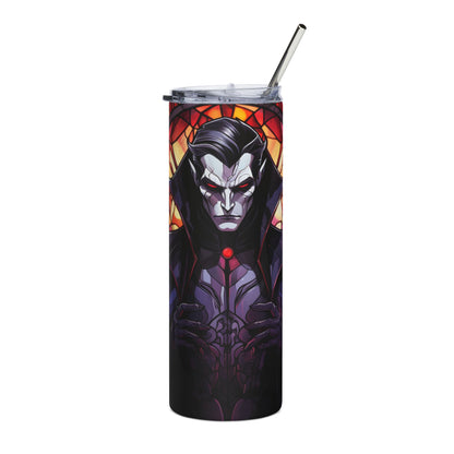 Tumbler with vampire artwork and stained glass background, includes metal straw.