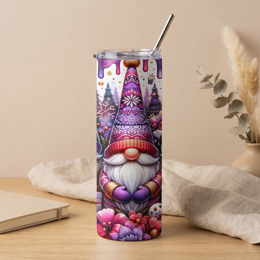 Tumbler with gnome, trees, snowflakes, and flowers in purple and pink tones.