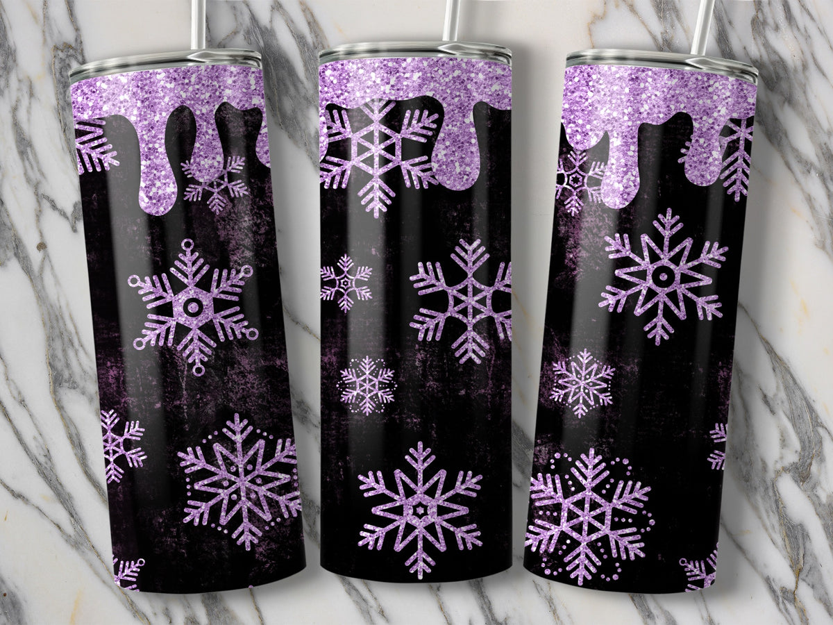 Three black tumblers with dripping purple glitter and purple snowflakes.