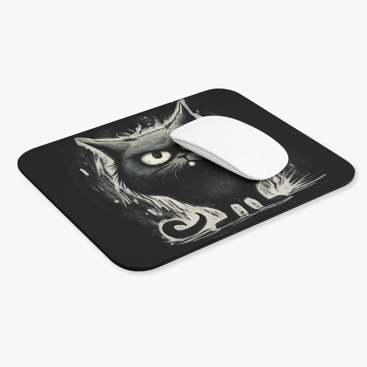 Black mousepad with a stylized, detailed sketch of an angry black cat.