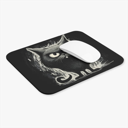 Black mousepad with a stylized, detailed sketch of an angry black cat.