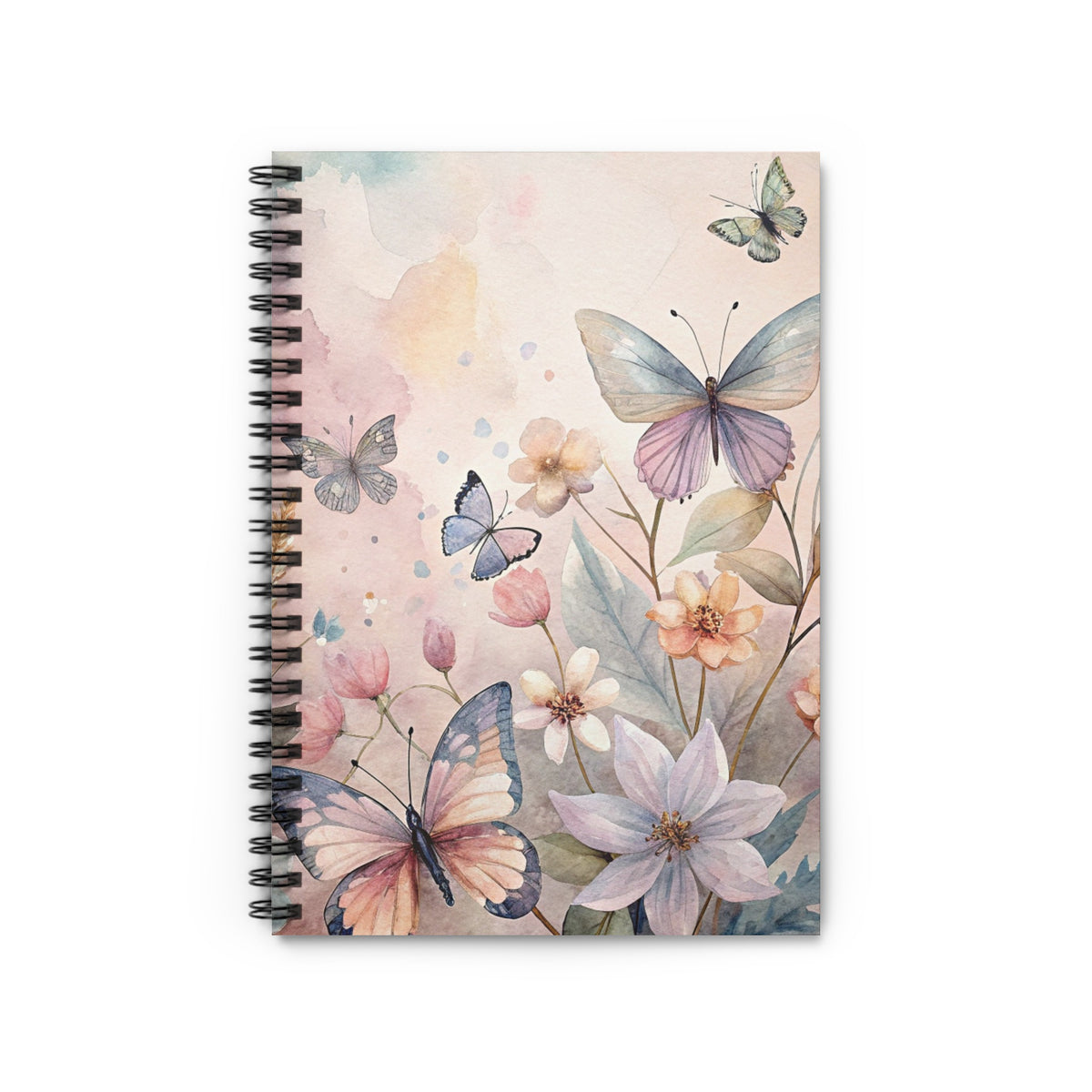 Spiral notebook with a watercolor design of butterflies and flowers.
