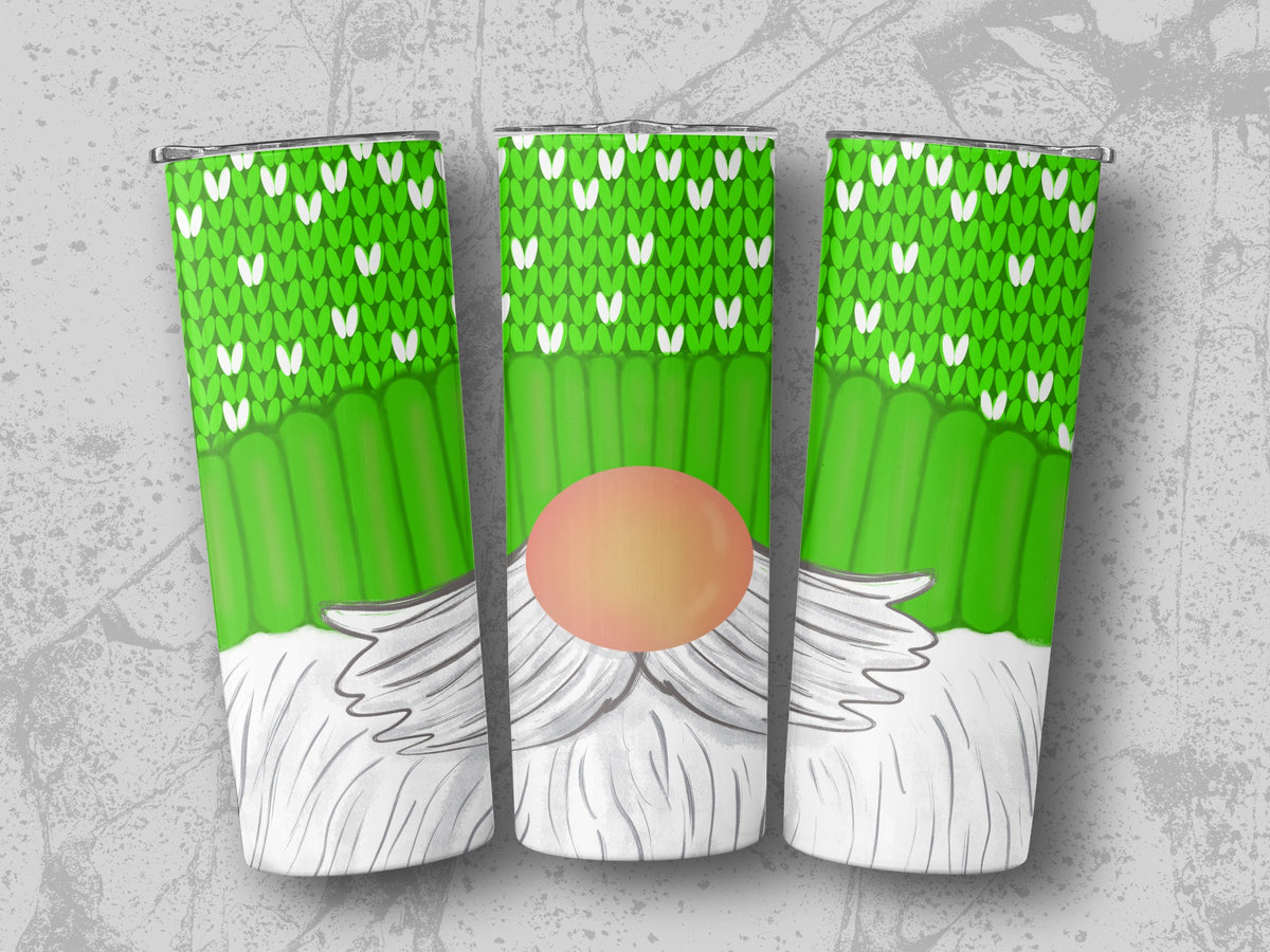 Three tumblers with a gnome design featuring green knit pattern and white beard.