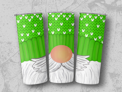 Three tumblers with a gnome design featuring green knit pattern and white beard.