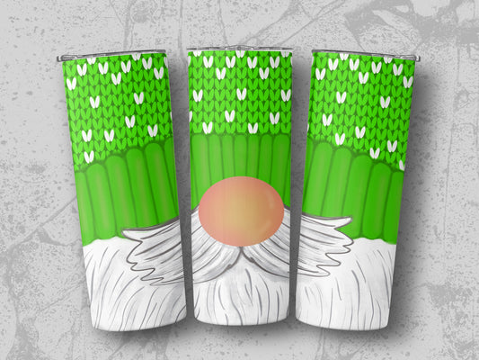 Three tumblers with a gnome design featuring green knit pattern and white beard.