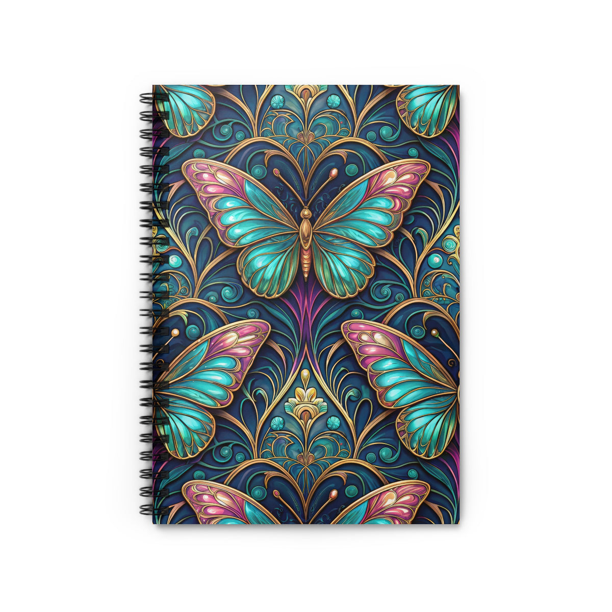 Spiral notebook with a dark blue cover featuring ornate gold patterns and teal and pink butterflies.