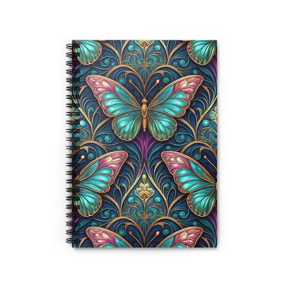 Spiral notebook with a dark blue cover featuring ornate gold patterns and teal and pink butterflies.