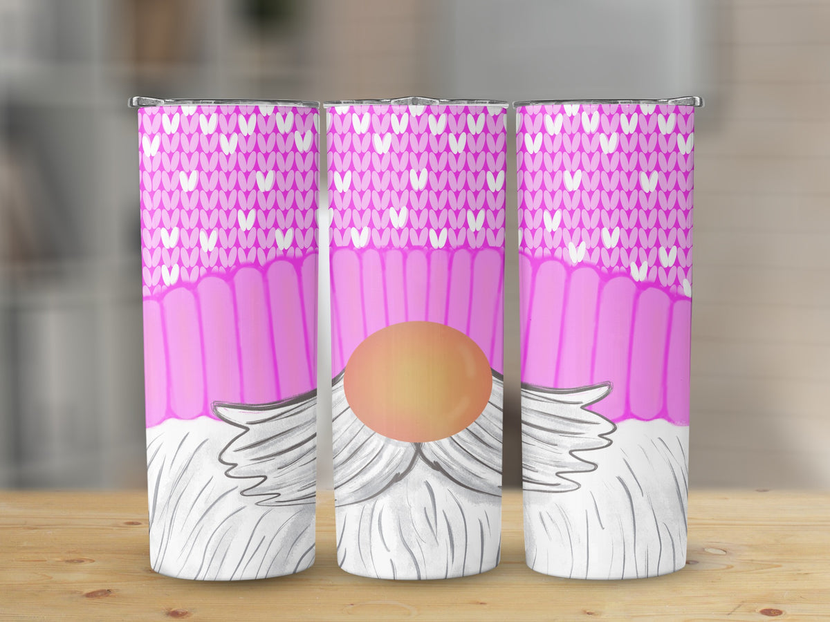 Three pink tumblers with a gnome design featuring a knitted pattern and white beard.