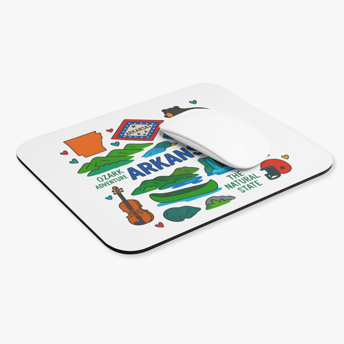 Mousepad with cartoon illustrations of Arkansas icons and the text "ARKANSAS" and "THE NATURAL STATE".
