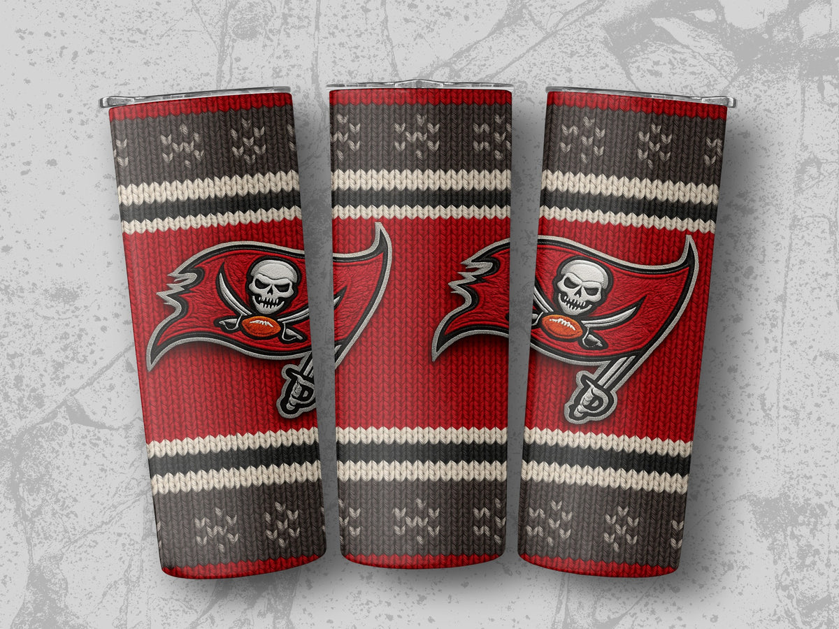 Tampa Bay Buccaneers logo on red, grey, and white knitted tumblers.