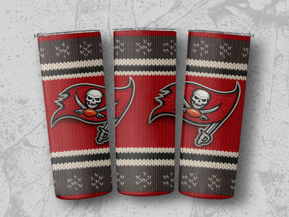 Tampa Bay Buccaneers logo on red, grey, and white knitted tumblers.
