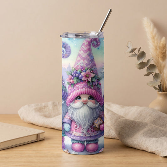 Pink gnome with starry gift on tumbler with metal straw.