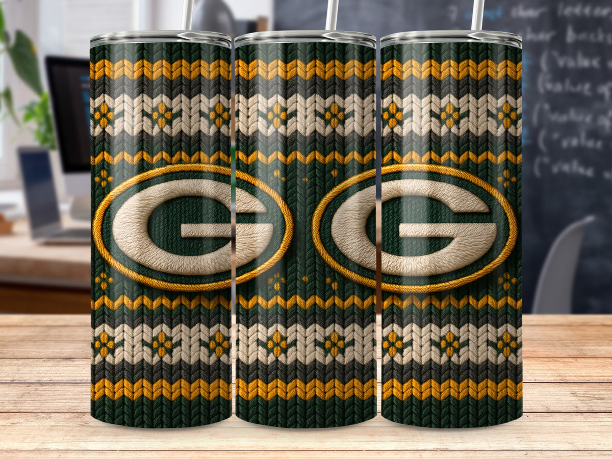 Green Bay Packers logo on a tumbler with a knitted sweater pattern.