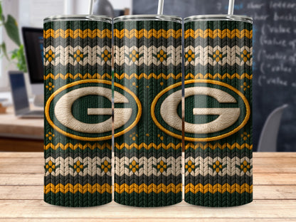 Green Bay Packers logo on a tumbler with a knitted sweater pattern.
